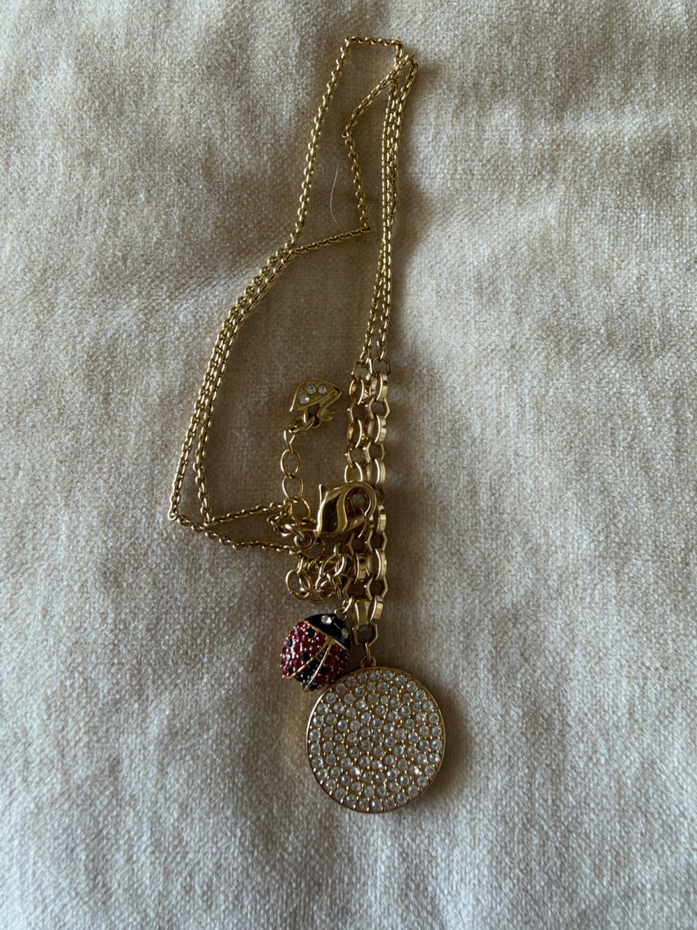 Swarovski Lisabel Ladybug Necklace Pave Coin Disc Charms Gold Tone